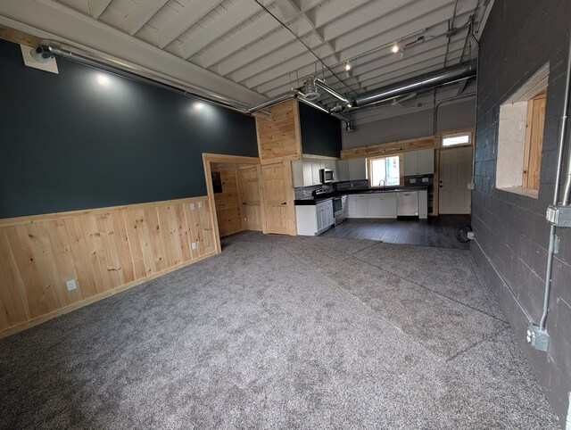 115 N Main St, Mount Gilead, OH 43338 - interior space with a sink, wainscoting, stainless steel microwave, dark countertops, and dark carpet