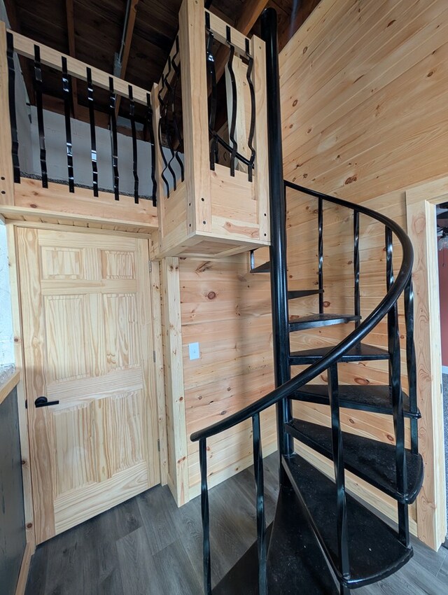 115 N Main St, Mount Gilead, OH 43338 - stairs with wooden walls, wood finished floors, and wooden ceiling