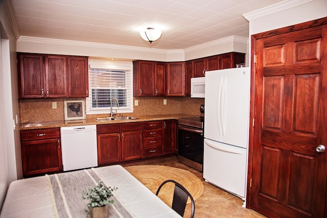 kitchen with decorative backsplash, sink, crown molding, white appliances, and light stone countertops