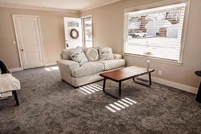 living room featuring crown molding and dark colored carpet