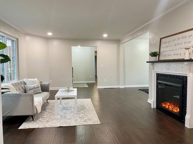 living room featuring dark wood-style floors, baseboards, a premium fireplace, recessed lighting, and ornamental molding