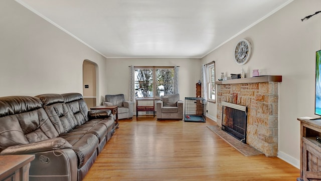 living room with crown molding, a fireplace, and light wood-type flooring