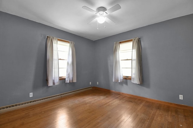 unfurnished room featuring ceiling fan, baseboards, hardwood / wood-style floors, and baseboard heating