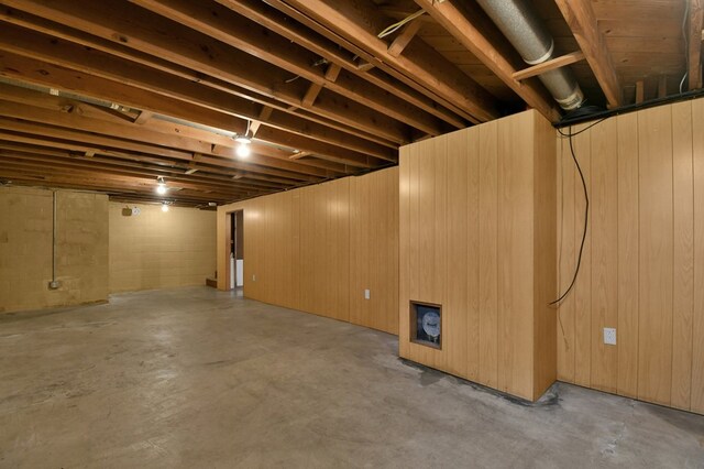 basement featuring wood walls