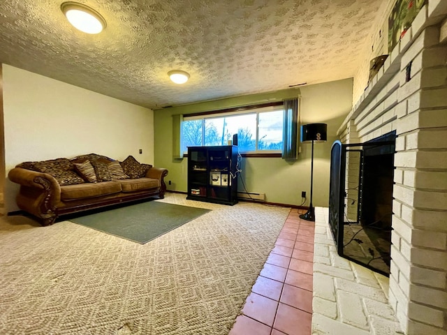 tiled living room featuring a baseboard heating unit, a fireplace, and a textured ceiling