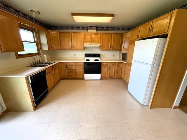 4030 Shoup Rd, Shelby, OH 44875 - kitchen with freestanding refrigerator, electric stove, under cabinet range hood, black dishwasher, and a sink