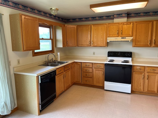 4030 Shoup Rd, Shelby, OH 44875 - kitchen with electric range, dishwasher, a sink, under cabinet range hood, and light countertops