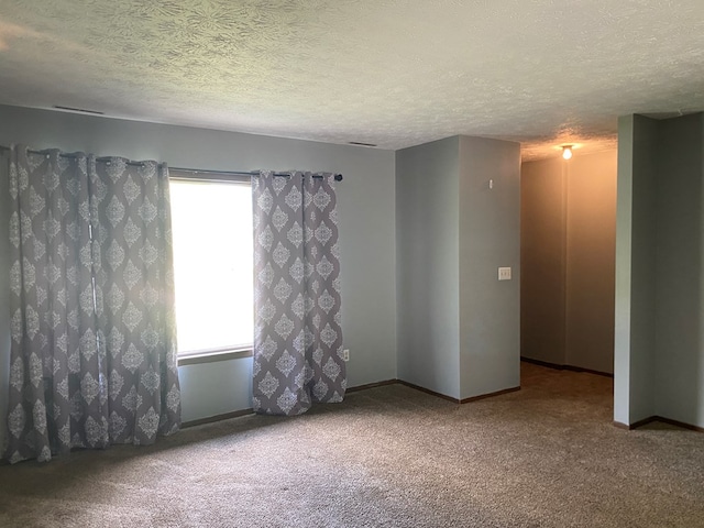 empty room featuring a textured ceiling and carpet flooring