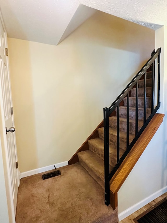 staircase featuring carpet floors