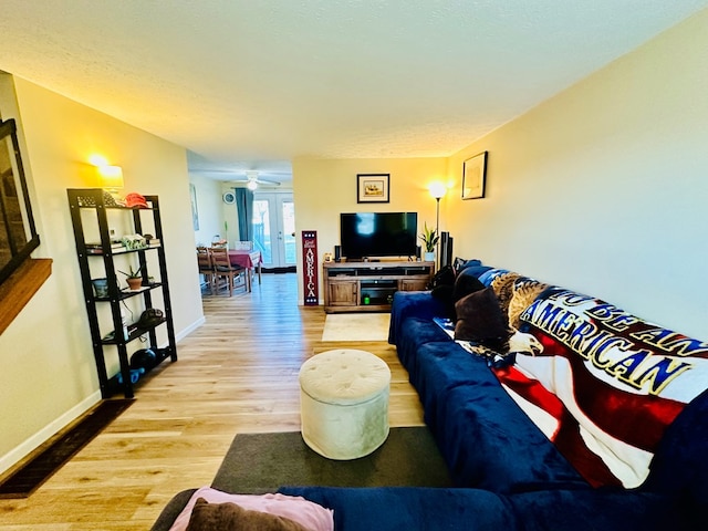 living room featuring french doors and light hardwood / wood-style floors