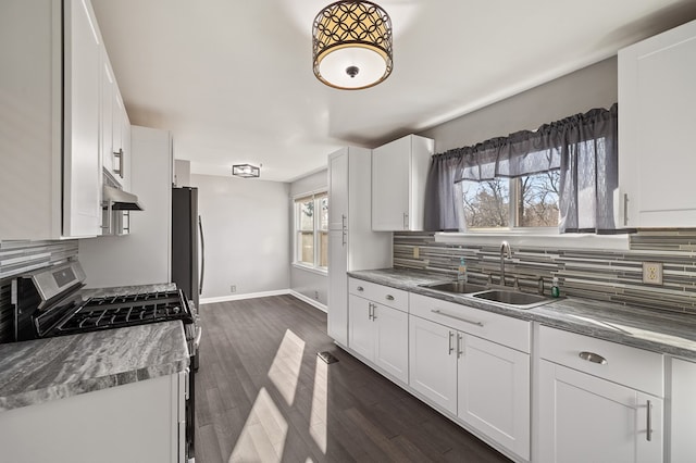 kitchen with a sink, under cabinet range hood, white cabinetry, appliances with stainless steel finishes, and decorative backsplash