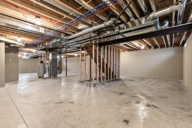 basement with heating unit and water heater