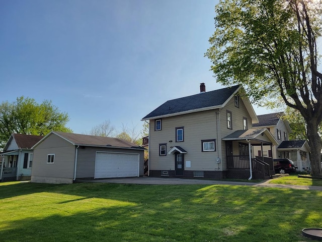 exterior space with a lawn, a detached garage, an outdoor structure, and a chimney