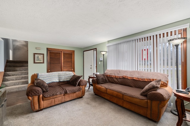 living room with carpet and a textured ceiling