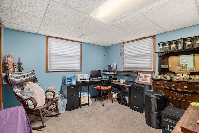 carpeted office space featuring a paneled ceiling