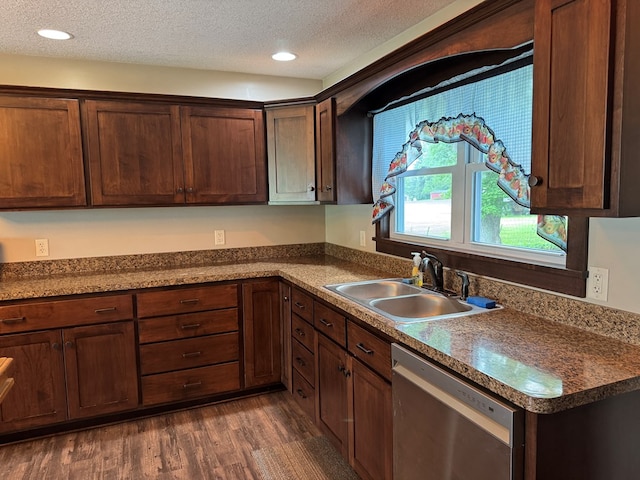 227 S Jefferson St, Loudonville, OH 44842 - kitchen with stainless steel dishwasher, dark wood-type flooring, a textured ceiling, and recessed lighting