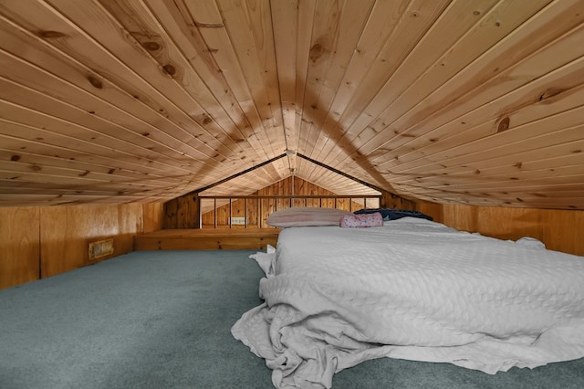 58 Edgewood Dr, Perrysville, OH 44864 - bedroom with wood walls, lofted ceiling, carpet flooring, and wooden ceiling