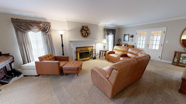 living room featuring light colored carpet, ornamental molding, and a fireplace with flush hearth