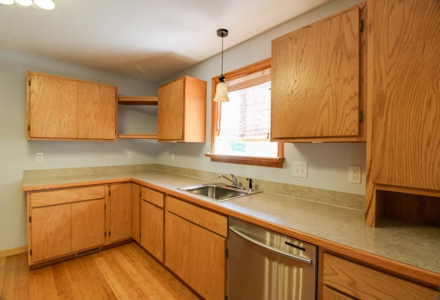 821 Charles St, Galion, OH 44833 - kitchen with dishwasher, a sink, open shelves, light wood-style floors, and decorative light fixtures
