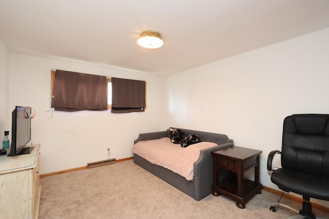 bedroom featuring baseboards, light colored carpet, and visible vents