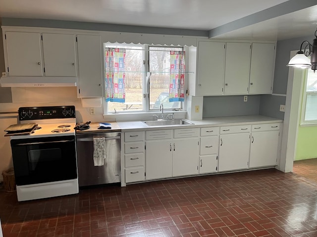 kitchen with sink, pendant lighting, white cabinetry, dishwasher, and range with electric cooktop