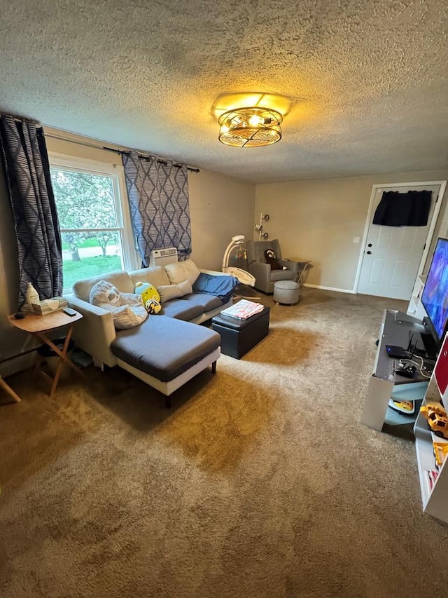 living room featuring a textured ceiling and carpet floors