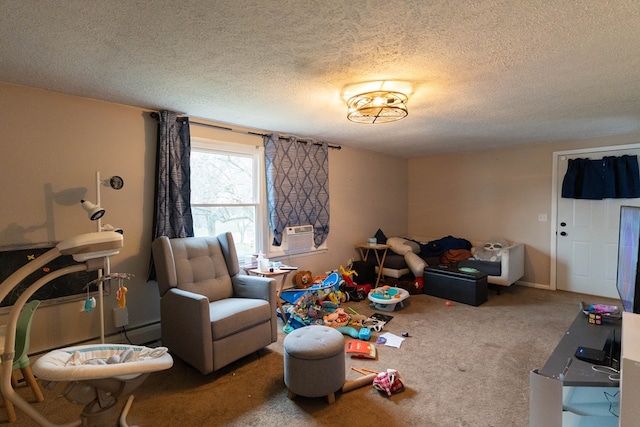 carpeted living room featuring a textured ceiling and cooling unit
