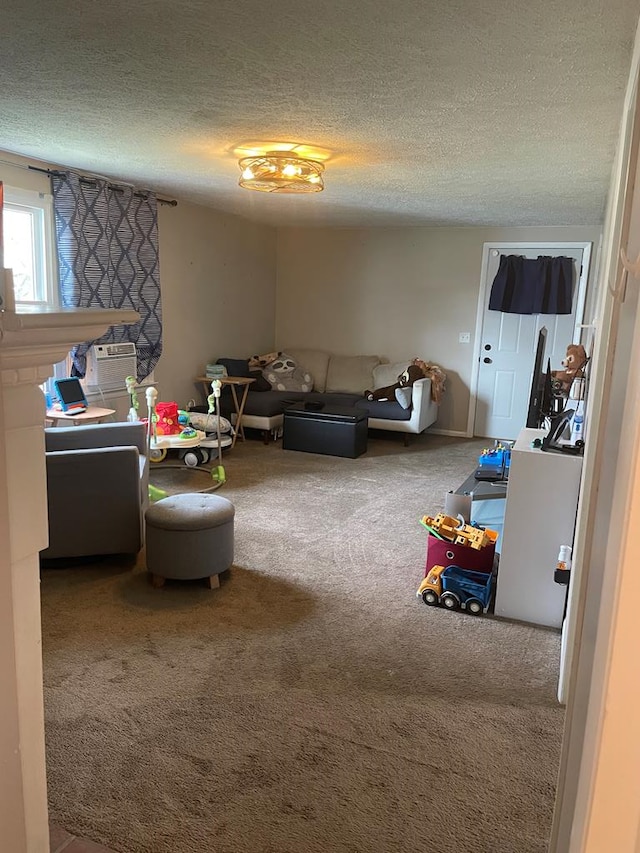 living area featuring a textured ceiling and carpet floors