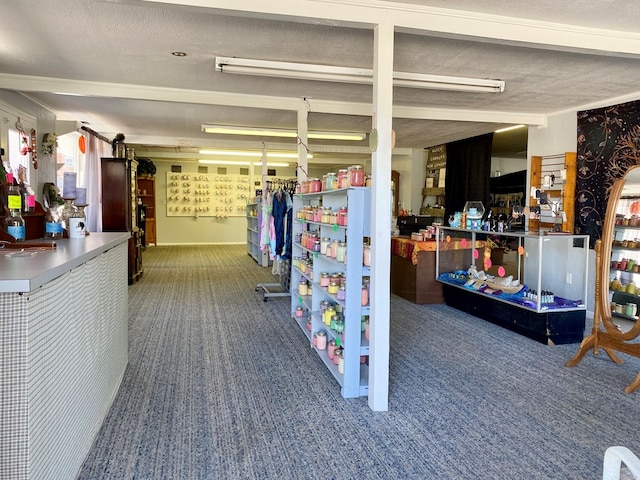 interior space with carpet flooring and a textured ceiling