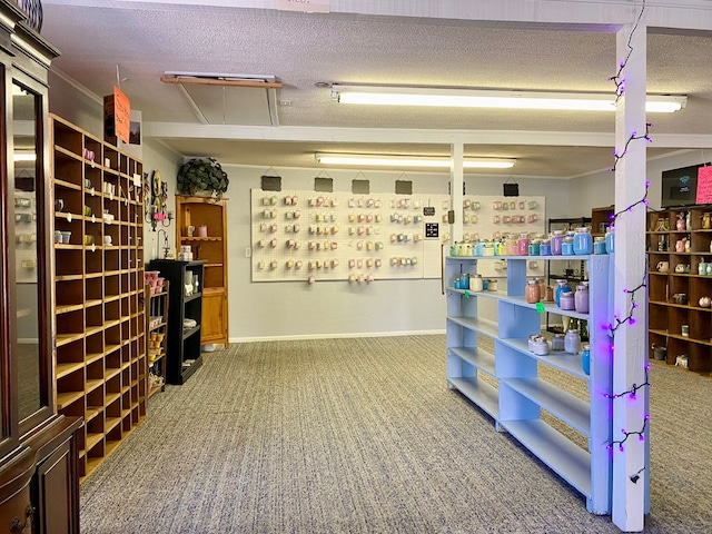 interior space with a textured ceiling and carpet floors