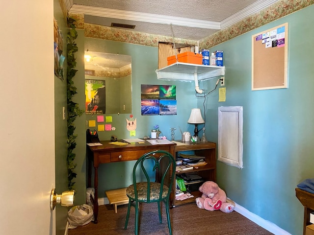 office area featuring crown molding, carpet floors, and a textured ceiling