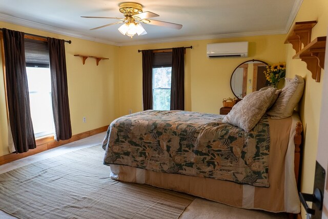 5837 Township Road 103, Mount Gilead, OH 43338 - carpeted bedroom with a wall unit AC, crown molding, and ceiling fan
