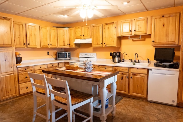 5837 Township Road 103, Mount Gilead, OH 43338 - kitchen featuring white appliances, under cabinet range hood, light countertops, a paneled ceiling, and ceiling fan