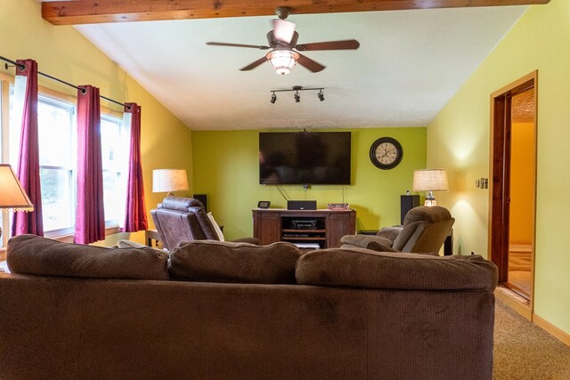 5837 Township Road 103, Mount Gilead, OH 43338 - living area featuring a ceiling fan, track lighting, light carpet, and beamed ceiling