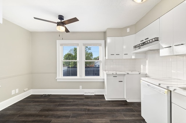 459 Glessner Ave, Mansfield, OH 44903 - kitchen featuring white dishwasher, a ceiling fan, light countertops, dark wood-style flooring, and backsplash