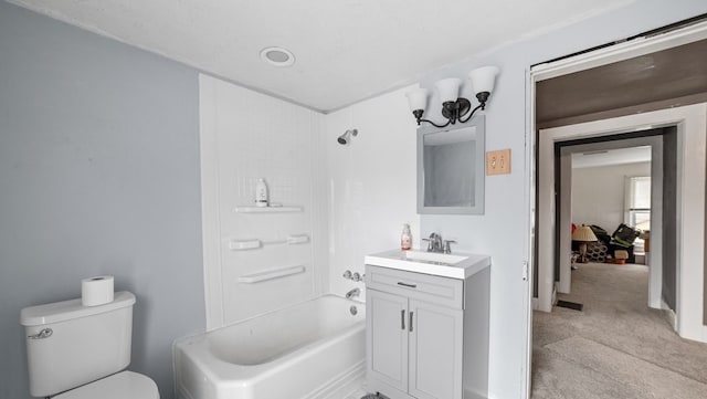 full bathroom featuring bathtub / shower combination, vanity, and toilet