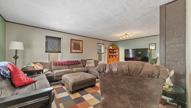 living room with ornamental molding, rail lighting, and a textured ceiling