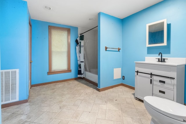 full bathroom featuring baseboards, visible vents, vanity, and toilet