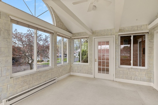 unfurnished sunroom featuring carpet floors, a baseboard radiator, and lofted ceiling