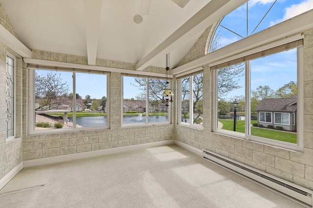 unfurnished sunroom featuring a residential view, a baseboard radiator, a water view, vaulted ceiling with beams, and carpet