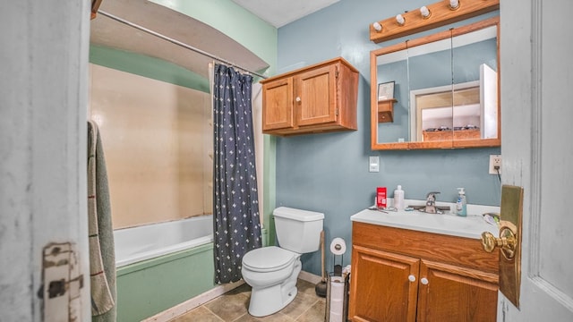 full bath featuring shower / bath combination with curtain, toilet, vanity, and tile patterned flooring