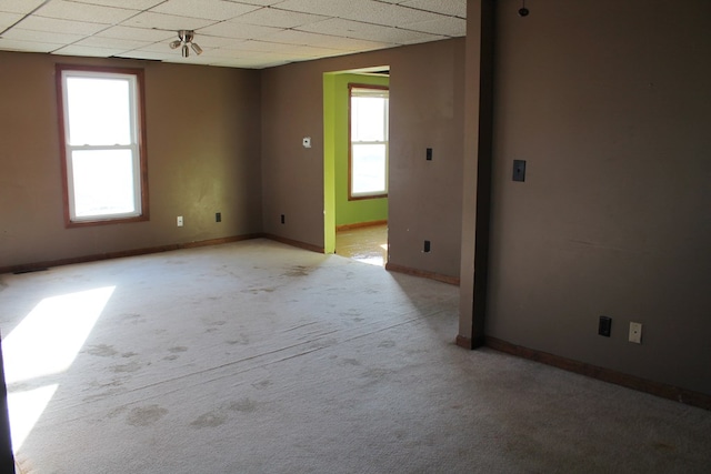 carpeted empty room with a paneled ceiling, a wealth of natural light, and ceiling fan