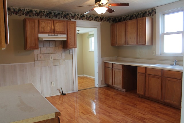 kitchen featuring ceiling fan, sink, and light wood-type flooring