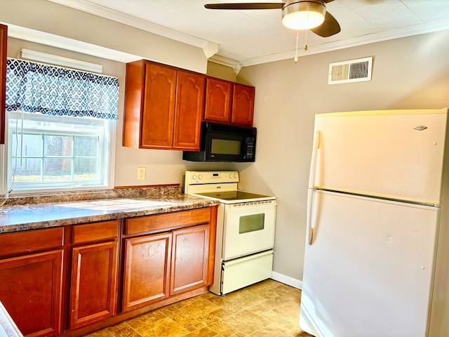 kitchen featuring dark countertops, visible vents, ceiling fan, ornamental molding, and white appliances