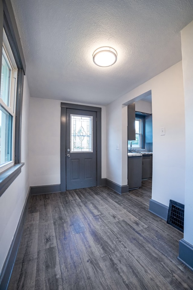 entryway featuring dark hardwood / wood-style flooring, a textured ceiling, and sink