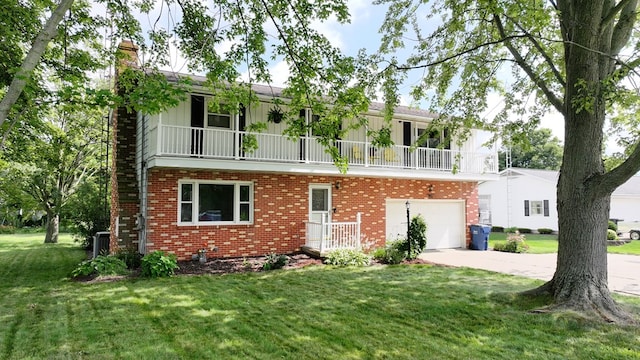 135 W Smiley Ave, Shelby, OH 44875 - view of front of home with a balcony, brick siding, a chimney, driveway, and a front yard