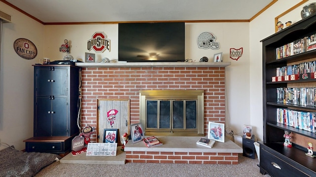 135 W Smiley Ave, Shelby, OH 44875 - living room with ornamental molding, a fireplace, and carpet flooring