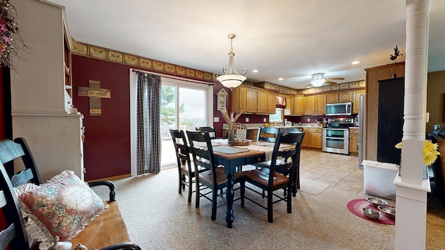 135 W Smiley Ave, Shelby, OH 44875 - dining room featuring light carpet, a ceiling fan, recessed lighting, and ornate columns