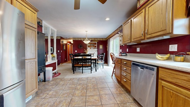 135 W Smiley Ave, Shelby, OH 44875 - kitchen featuring stainless steel appliances, light countertops, a ceiling fan, recessed lighting, and hanging light fixtures