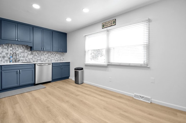 kitchen with sink, blue cabinetry, tasteful backsplash, light hardwood / wood-style floors, and stainless steel dishwasher